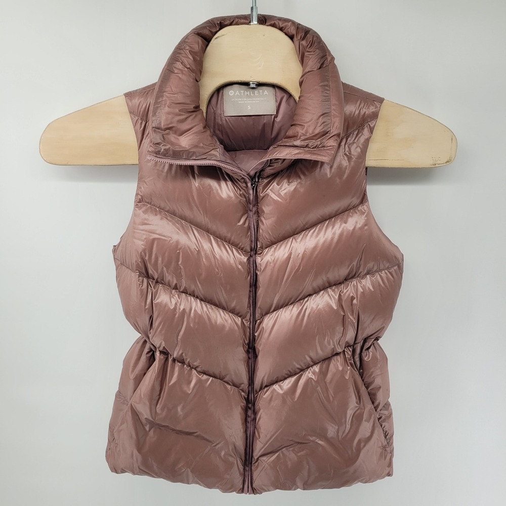 Athleta Down Puffer Vest Womens Small Mauve Pink Goose Down Insulated Full Zip